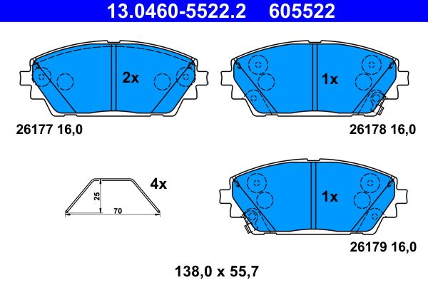 Комплект гальмівних накладок, дискове гальмо, Ate 13.0460-5522.2