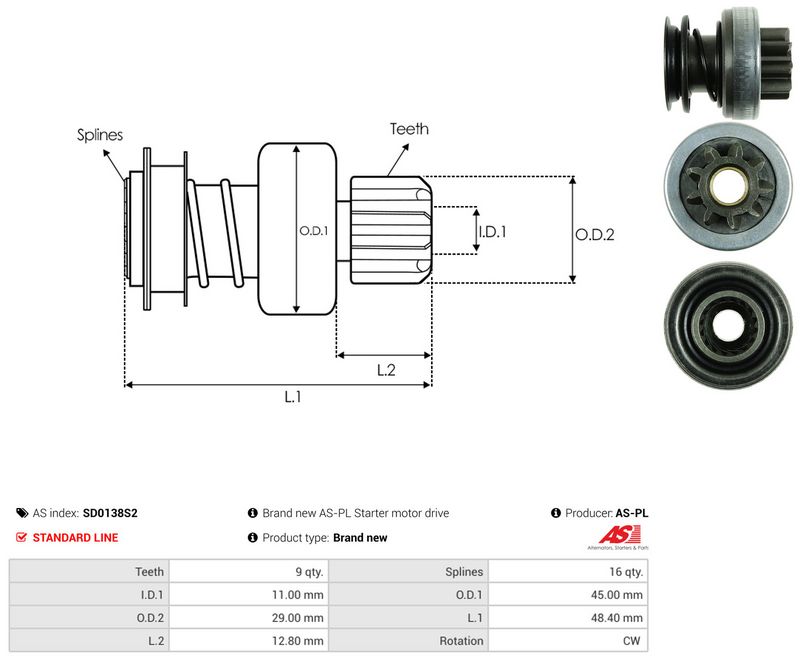AS-PL SD0138S2 Freewheel Gear, starter