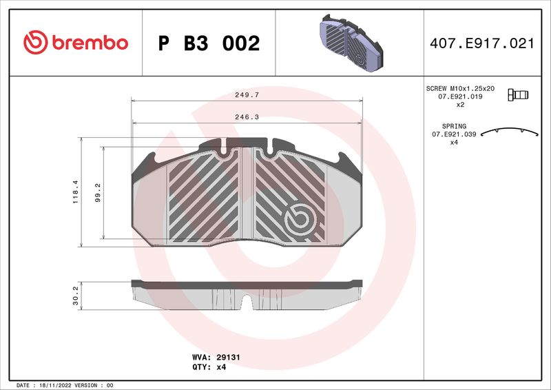 BREMBO fékbetétkészlet, tárcsafék P B3 002