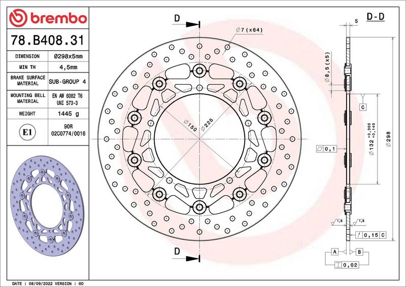 Brake disc Voor drijvend, 298/132x5mm 5x150mm, diameter bevestigingsgat 8,5mm, hoogte (tussenruimte) 0 past: YAMAHA FZ6 320/321/321 ABS/600/600 (Diversion ABS)/600 (Diversion)/600N/600N ABS/600NA (ABS