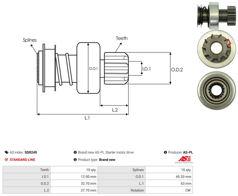 AS-PL SD0249 Freewheel Gear, starter