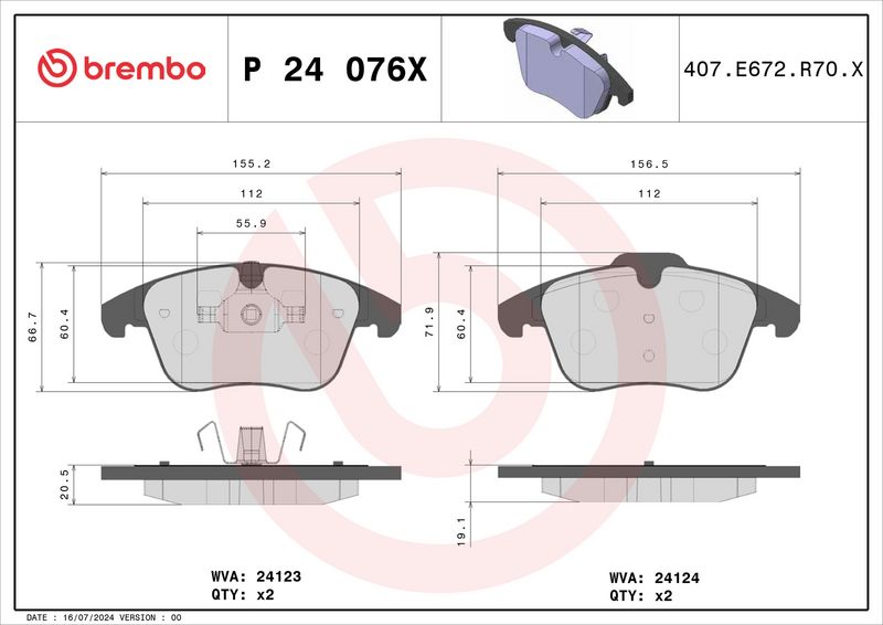 Piduriklotsi komplekt, ketaspidur, BREMBO P 24 076X