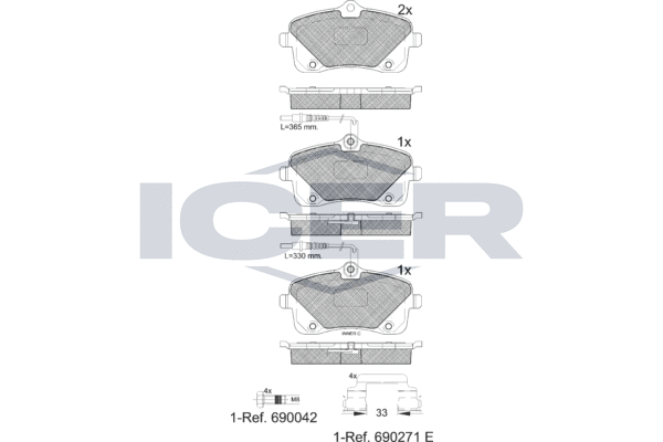 Комплект гальмівних накладок, дискове гальмо, Icer 182024