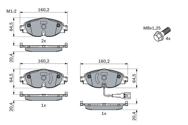 BOSCH Volkswagen комплект передніх гальмівних колодок з датчик. Golf VII, AUDI A3 13-, SKODA Octavia 12-