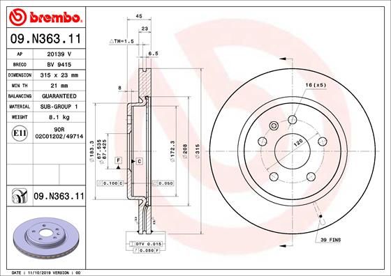 Гальмівний диск, Brembo 09.N363.11