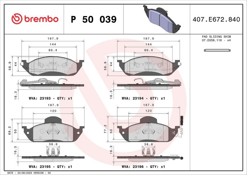 Piduriklotsi komplekt, ketaspidur, BREMBO P 50 039