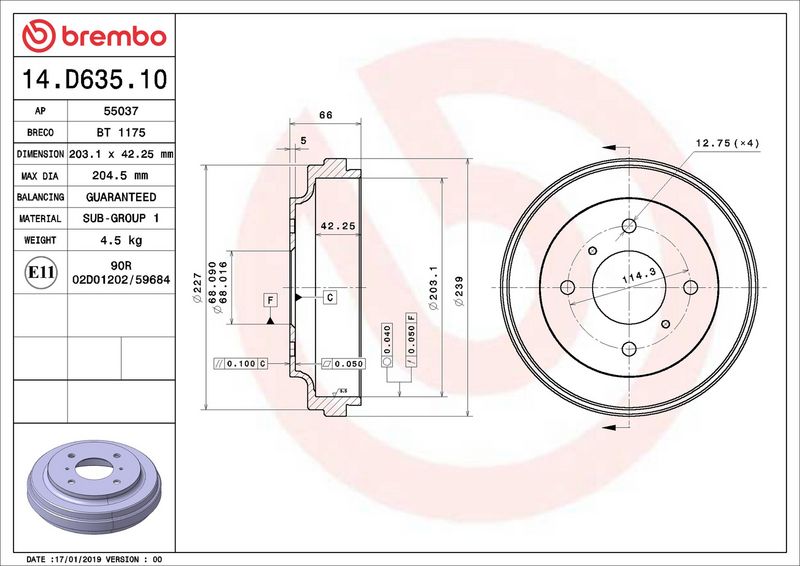 BREMBO 14.D635.10 Brake Drum