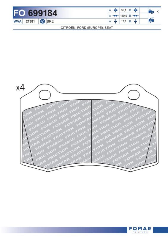 Комплект гальмівних накладок, дискове гальмо, Fomar 699184