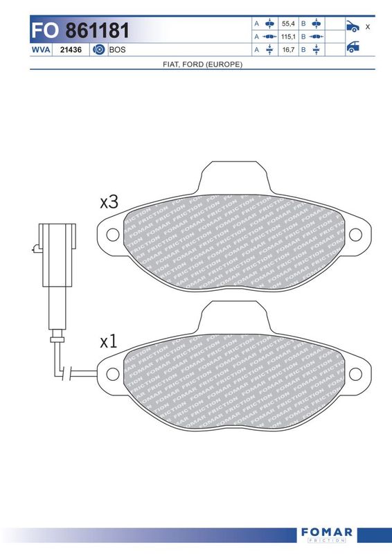 Комплект гальмівних накладок, дискове гальмо, Fomar 861181