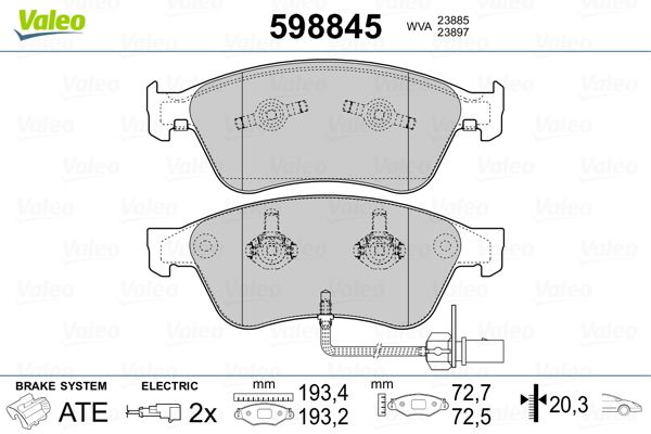 Комплект гальмівних накладок, дискове гальмо, Valeo 598845