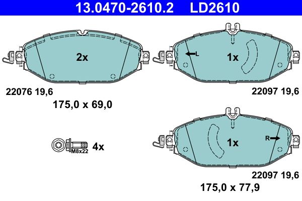 Комплект гальмівних накладок, дискове гальмо, Ate 13.0470-2610.2