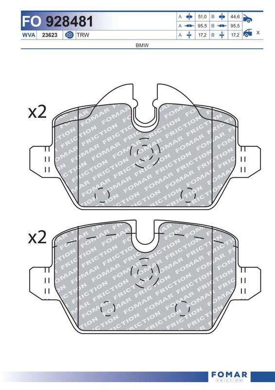 Комплект гальмівних накладок, дискове гальмо, Fomar 928481