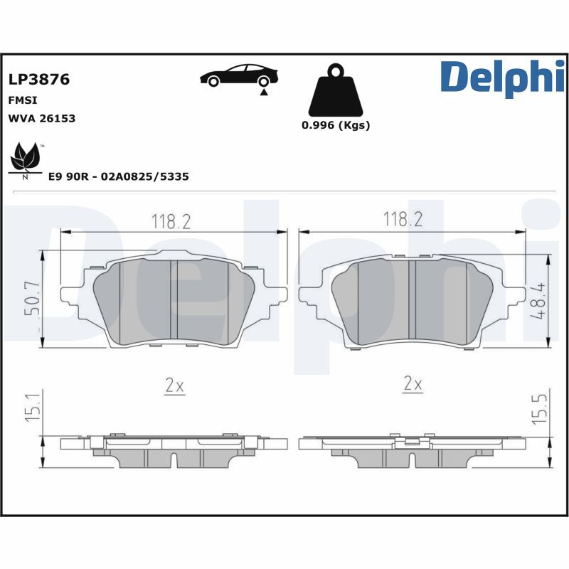 Комплект гальмівних накладок, дискове гальмо, Delphi LP3876