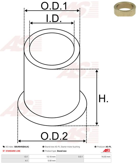 AS-PL SBU9049(BULK) Bush, starter shaft