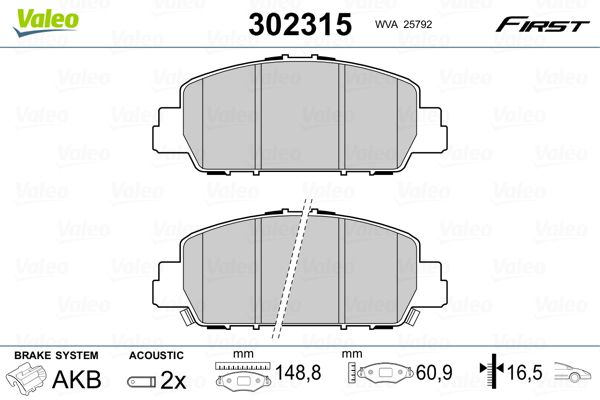 Комплект гальмівних накладок, дискове гальмо, Valeo 302315