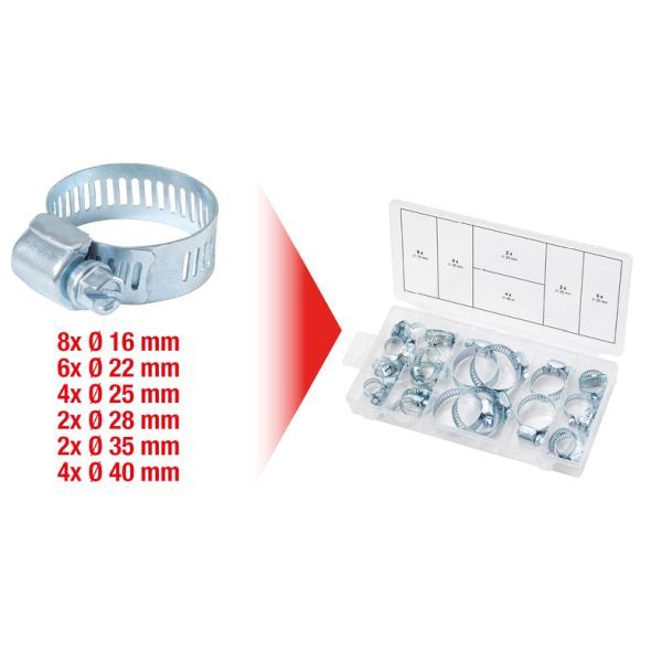 Sortimentslåda, slangklämmor, Ø16-40mm, 26 delar
