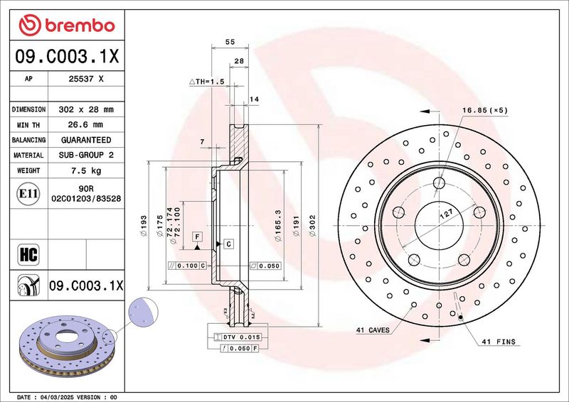 Brake disc Voor Xtra (gecoat  met een hoog koolzuurgehalte) past: JEEP WRANGLER III 2.8D/3.6/3.8 04.07-