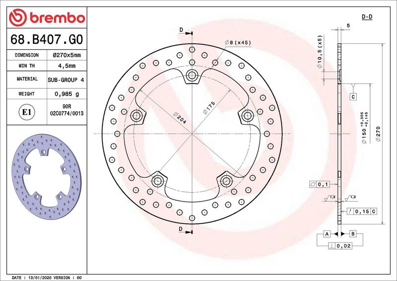 Brake disc Achter/Voor vast, 270/150x5mm 5x175mm, diameter bevestigingsgat 10,5mm, hoogte (tussenruimte) 0 past: APRILIA RS 1000/1000 Evo/125/125 (Thunder)/200 I.E. (Light)/400IE (Light)/50/600 (Sport