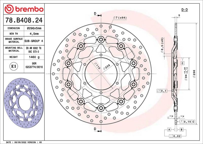 Brake disc Voor drijvend, 296/94x5mm 6x110mm, diameter bevestigingsgat 6,5mm, hoogte (tussenruimte) 0 past: HONDA CB 600F (Hornet)/600FA (Hornet ABS) 2007-2012