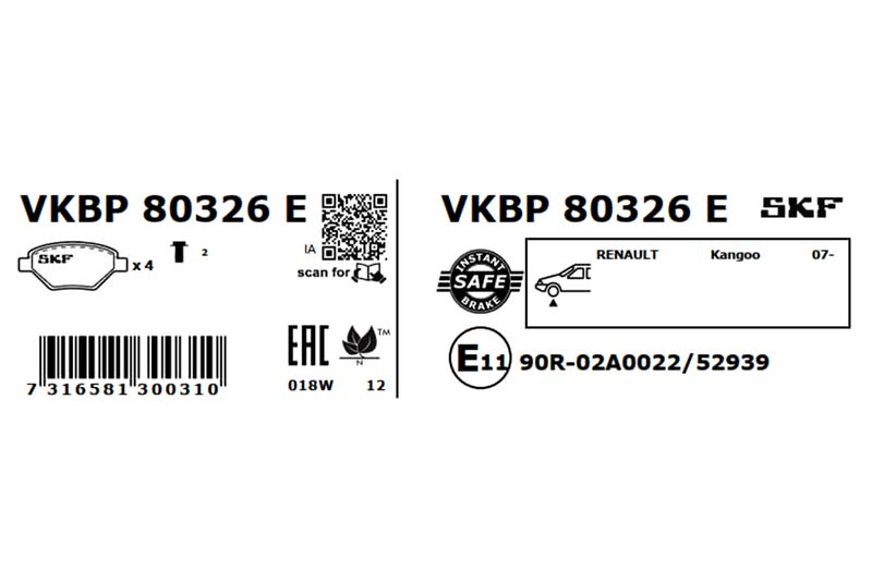 Комплект гальмівних накладок, дискове гальмо, Skf VKBP80326E