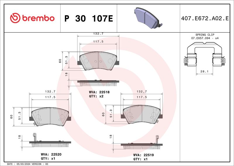 BREMBO Remblokkenset, schijfrem P 30 107E