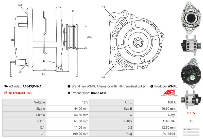 AS-PL A4043(P-INA) Alternator