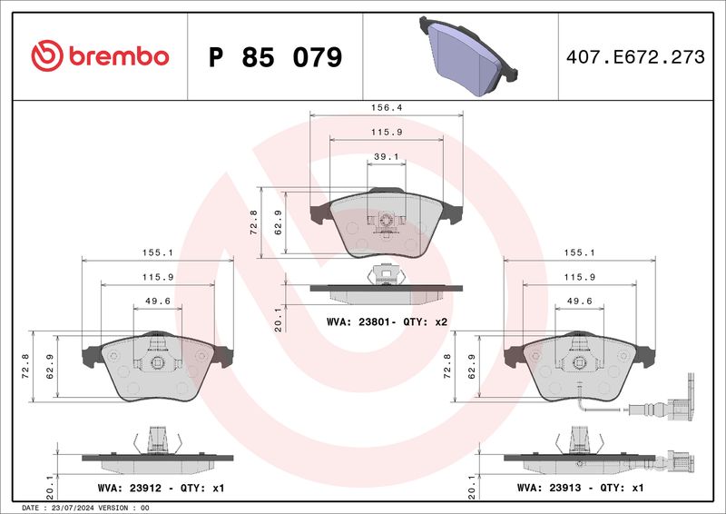 BREMBO Remblokkenset, schijfrem P 85 079