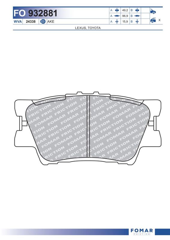Комплект гальмівних накладок, дискове гальмо, Fomar 932881
