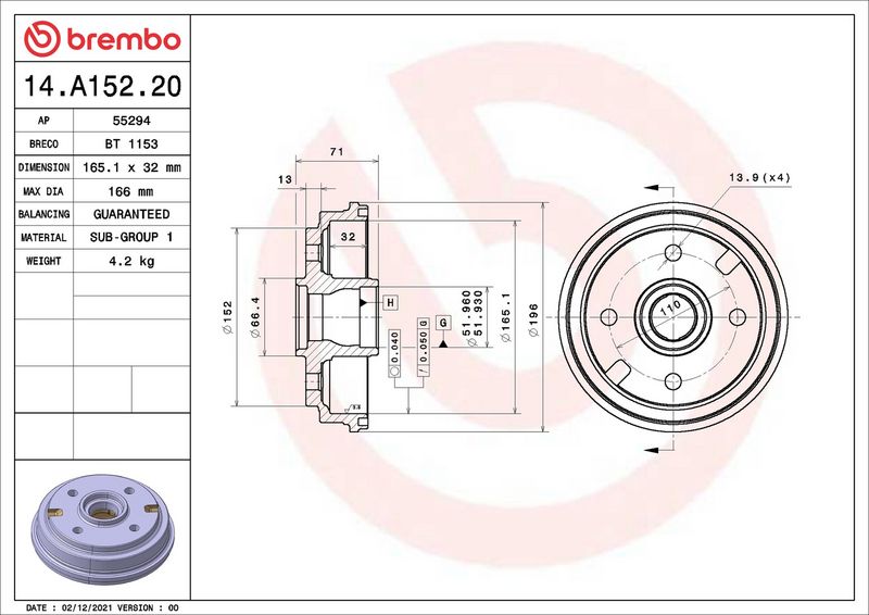 BREMBO 14.A152.20 Brake Drum