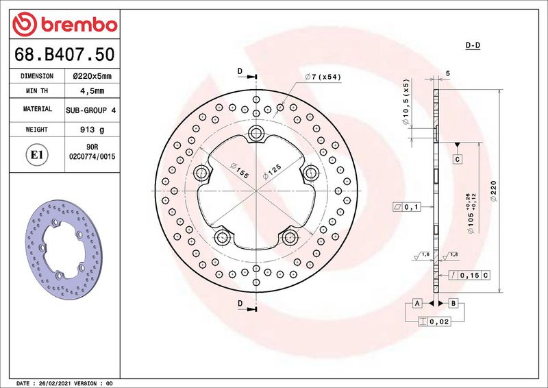 Brake disc Achter vast, 220/105x5mm 5x125mm, diameter bevestigingsgat 10,5mm, hoogte (tussenruimte) 0 past: YAMAHA MT-10, YZF-R1 1000/1000 ABS/1000 SP ABS/1000 Tourer Edition ABS/600 2003-2021
