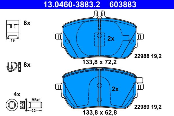 Комплект гальмівних накладок, дискове гальмо, Ate 13.0460-3883.2