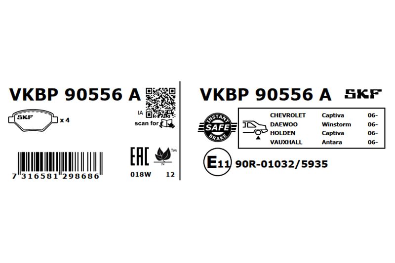 Комплект гальмівних накладок, дискове гальмо, Skf VKBP90556A