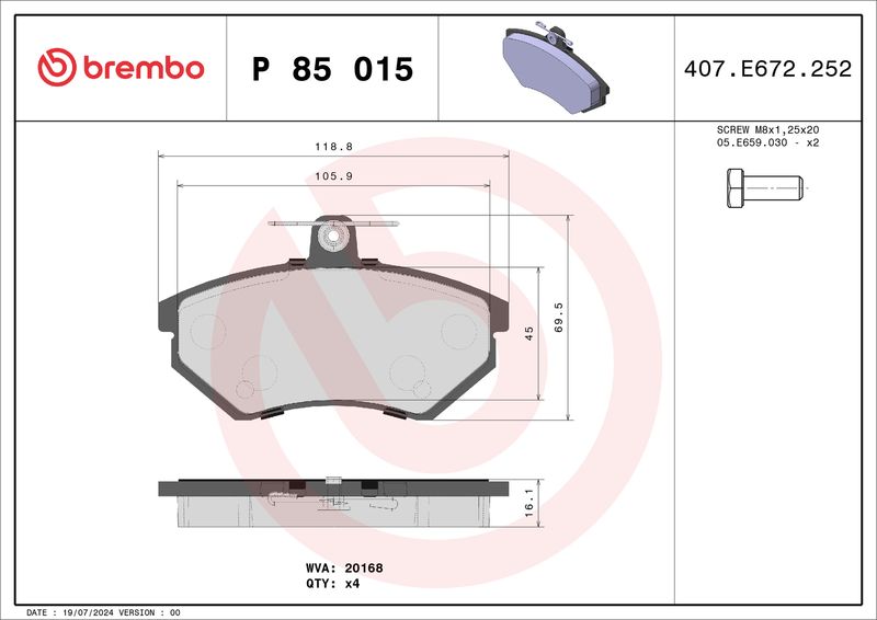 BREMBO Remblokkenset, schijfrem P 85 015