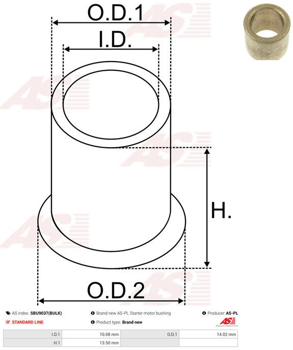 AS-PL SBU9037(BULK) Bush, starter shaft