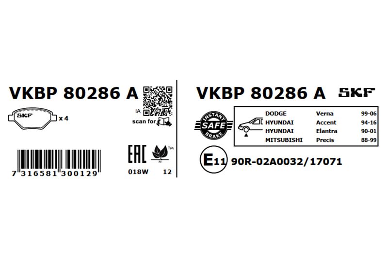 Комплект гальмівних накладок, дискове гальмо, Skf VKBP80286A