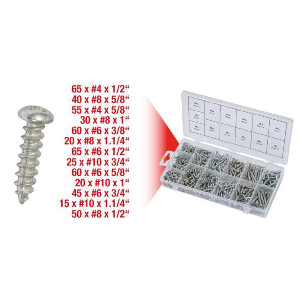 Sortimentslåda plåtskruvar, M4-M10, 550 delar