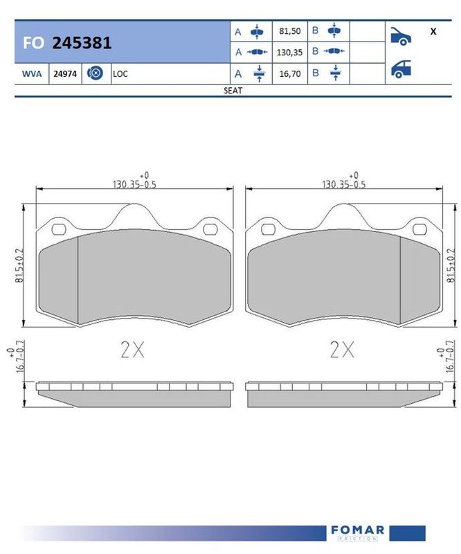 Комплект гальмівних накладок, дискове гальмо, Fomar 245381
