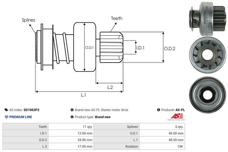AS-PL SD1063P2 Freewheel Gear, starter