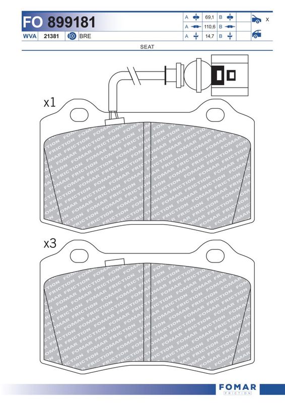 Комплект гальмівних накладок, дискове гальмо, Fomar 899181