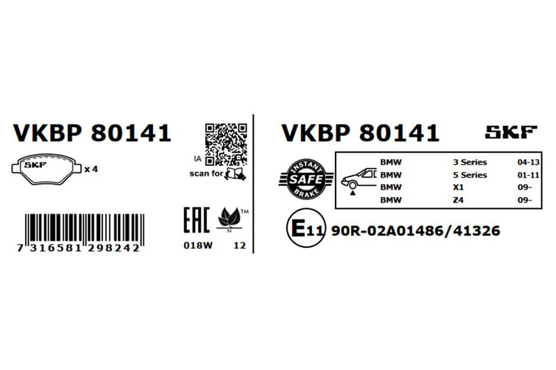 Комплект гальмівних накладок, дискове гальмо, Skf VKBP80141