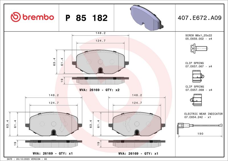 Piduriklotsi komplekt, ketaspidur, BREMBO P 85 182