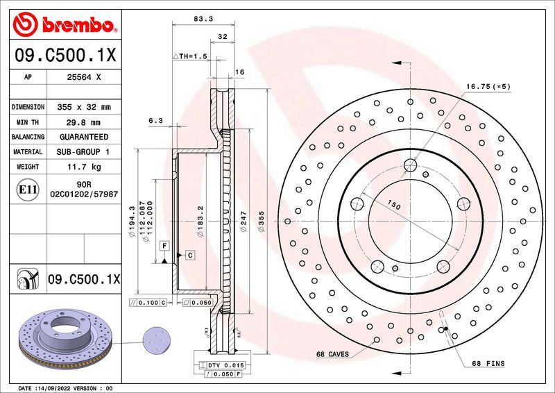 Гальмівний диск, Brembo 09.C500.1X