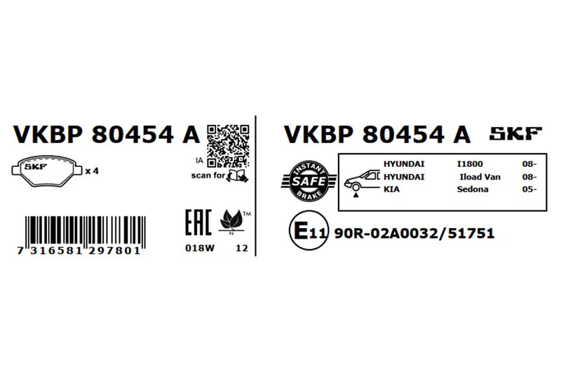 Комплект гальмівних накладок, дискове гальмо, Skf VKBP80454A