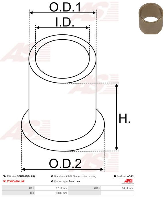 AS-PL SBU9009(BULK) Bush, starter shaft