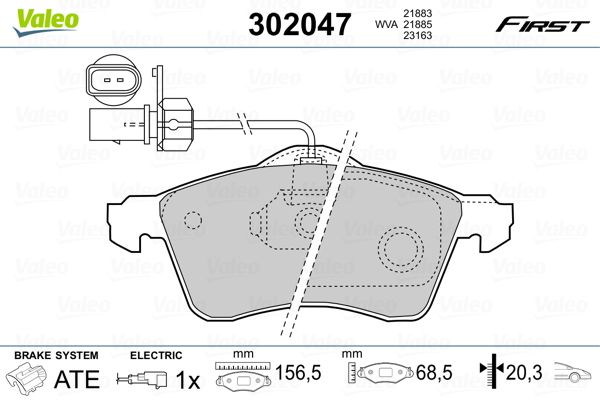 Комплект гальмівних накладок, дискове гальмо, Valeo 302047