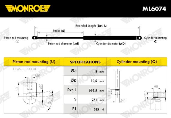 MONROE ML6074 Gas Spring, bonnet
