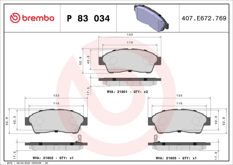 BREMBO fékbetétkészlet, tárcsafék P 83 034