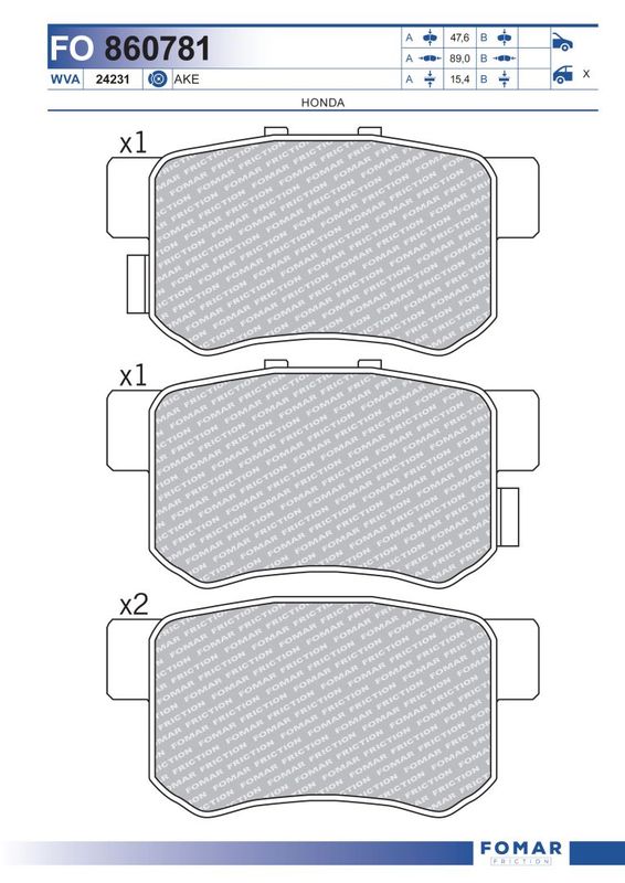 Комплект гальмівних накладок, дискове гальмо, Fomar 860781