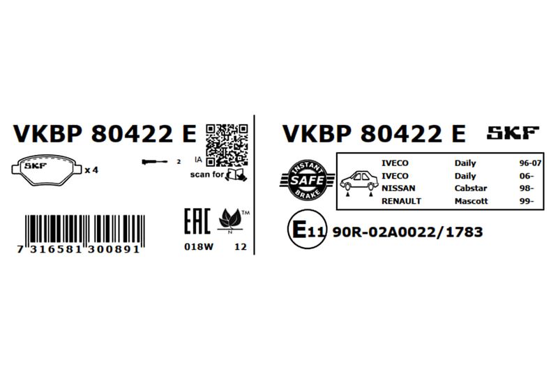 Комплект гальмівних накладок, дискове гальмо, Skf VKBP80422E