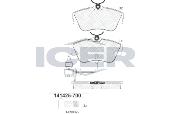 Комплект гальмівних накладок, дискове гальмо, Icer 141425700